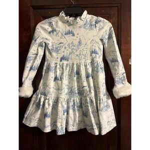 Janie And Jack Frozen Dress Size 7 Fur Trimmed Sleeves Blue And White